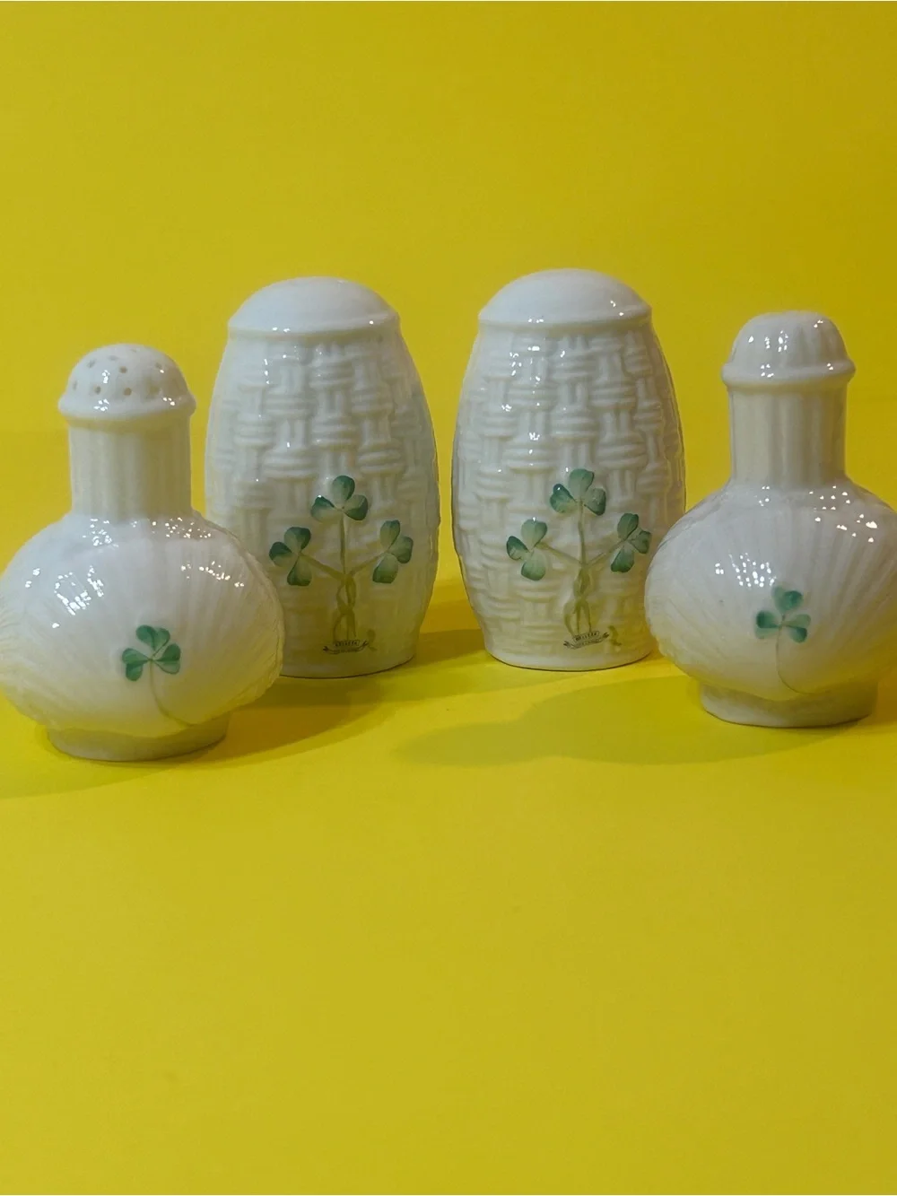 Belleek Shamrock Salt & Pepper Shaker Collector's Set 4 Pieces
